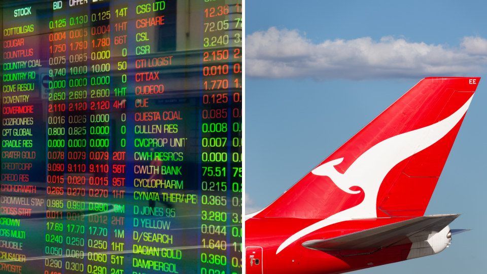 The ASX board showing company price changes and the tail of a Qantas plane.