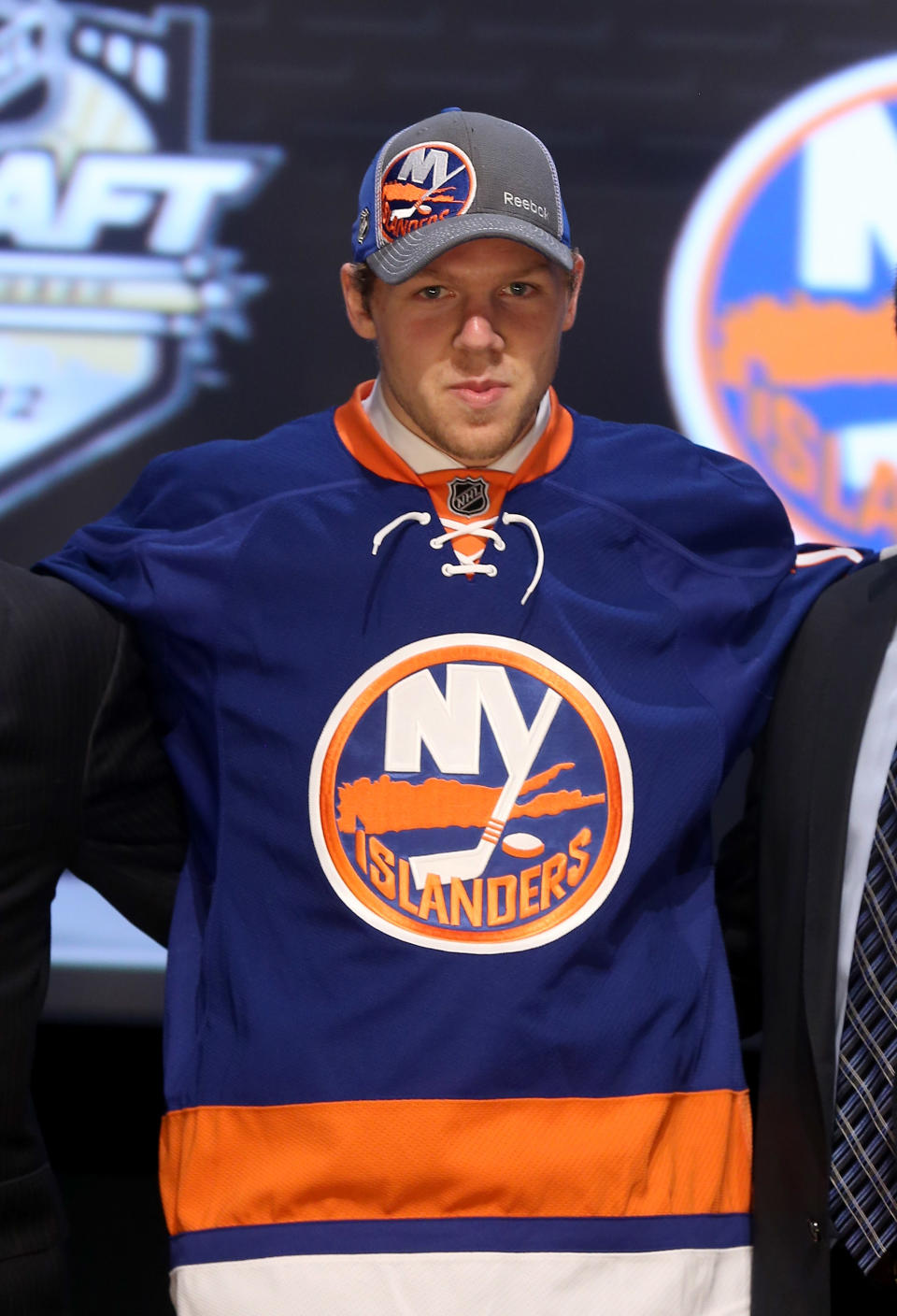 PITTSBURGH, PA - JUNE 22: Griffin Reinhart, fourth overall pick by the New York Islanders, poses on stage during Round One of the 2012 NHL Entry Draft at Consol Energy Center on June 22, 2012 in Pittsburgh, Pennsylvania. (Photo by Bruce Bennett/Getty Images)