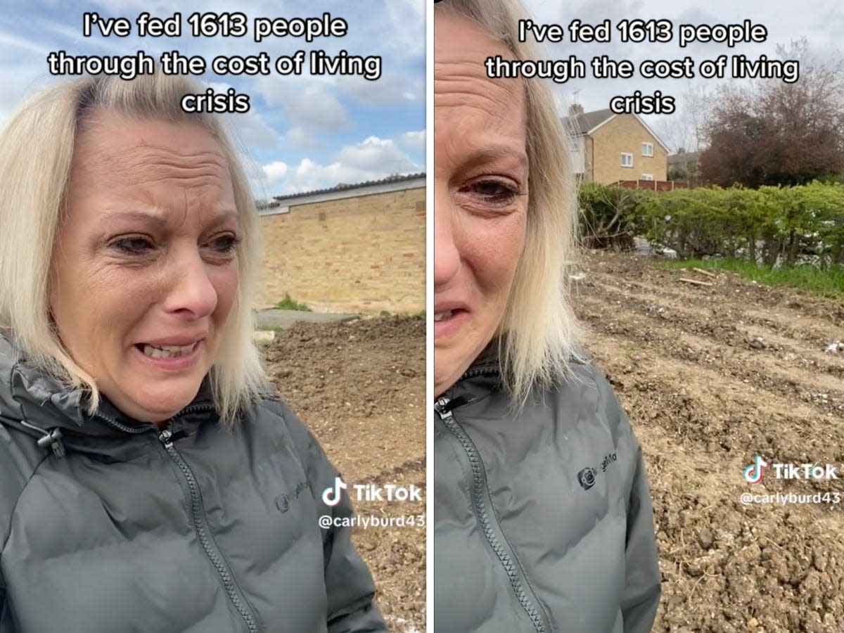 collage of screenshots from @carlyburd43's video showing her appearing to cry in front a soil plot