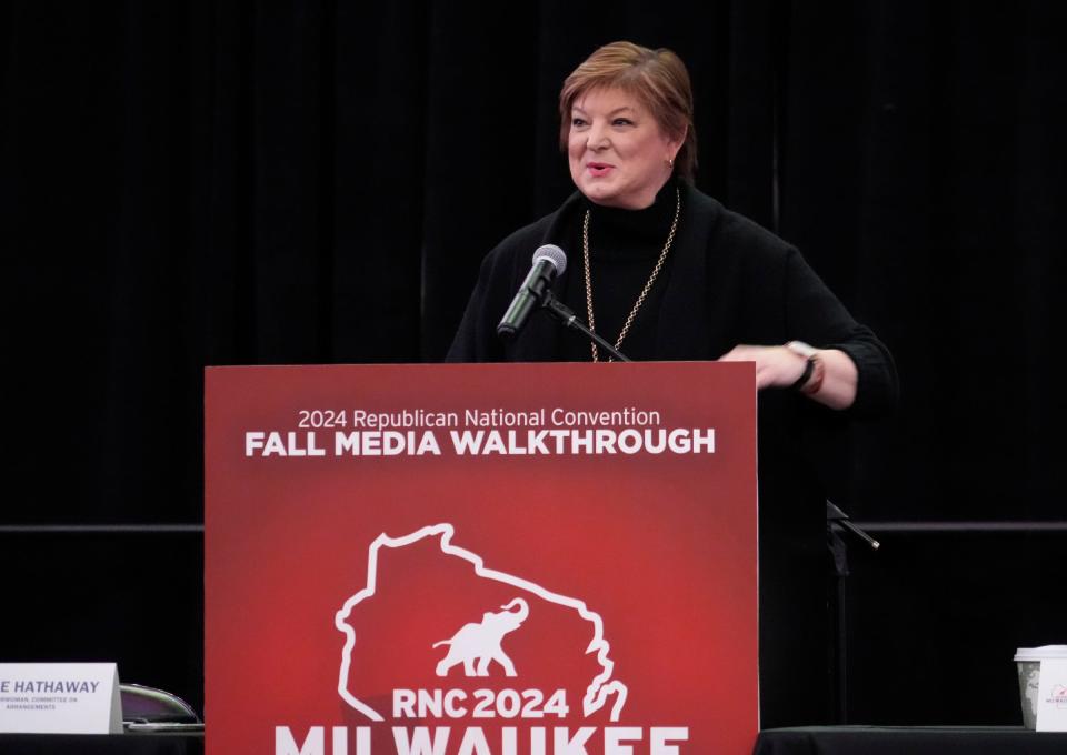 Anne Hathaway chairwoman, committee on arrangements speaks as part of the Republican National Convention fall media walkthrough at Fiserv Forum in Milwaukee on Thursday, Nov. 30, 2023. The convention will be held July 15-18.