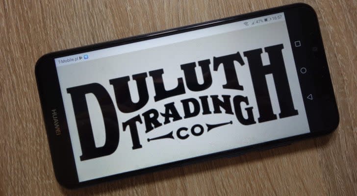 a smartphone with the Duluth Trading Co logo displayed onscreen