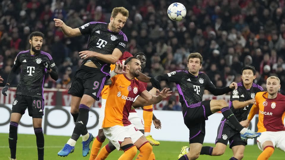 Bayern Munich's Harry Kane heads goalwards against Galatasaray. - Matthias Schrader/AP