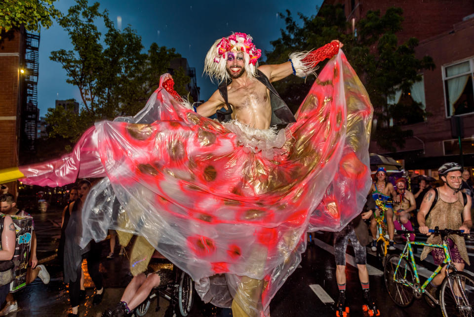 New York City Drag March remembering and honoring Gilbert Baker (1951-2017), the creator of the rainbow flag and co-founder of the Drag March. (Photo: Pacific Press via Getty Images)