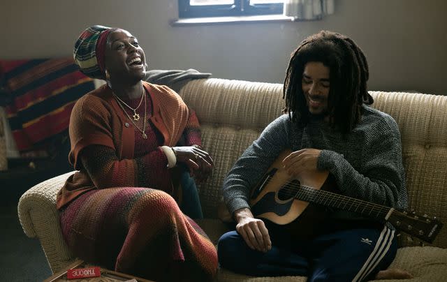 <p>Paramount Pictures</p> Lashana Lynch (left) and Kingsley Ben-Adir in 'Bob Marley: One Love'