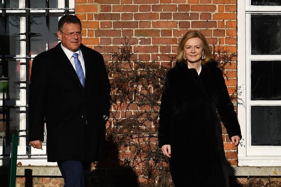Foreign Secretary Liz Truss hosts European Commission vice-president Maros Sefcovic at Chevening (Ben Stansall/PA) (PA Wire)