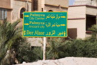 A road sign is pictured in Palmyra city May 19, 2015. Islamic State fighters in Syria have entered the ancient ruins of Palmyra after taking complete control of the central city, but there are no reports so far of any destruction of antiquities, a group monitoring the war said on May 21, 2015. REUTERS/Stringer