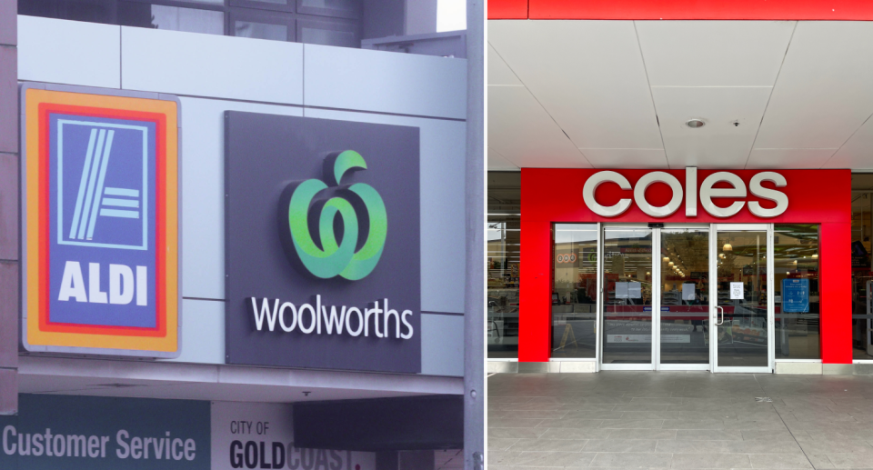 Aldi, Woolworths and Coles logos at shopping centres