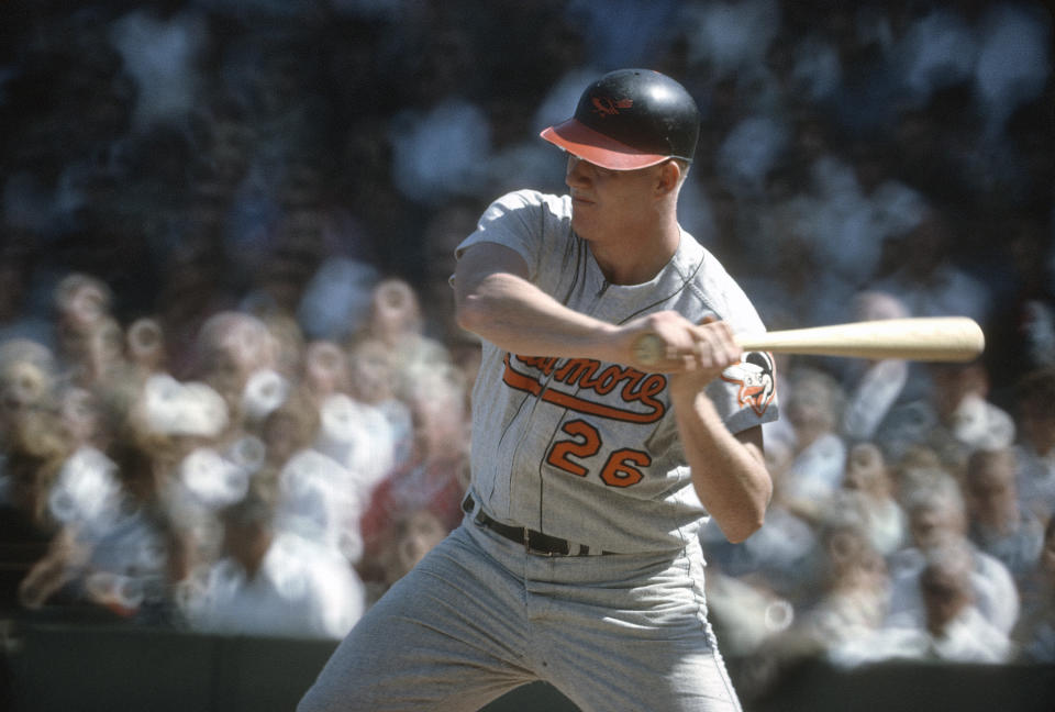 BOSTON, MA - CIRCA 1963: Boog Powell #26 of the Baltimore Orioles bats against the Boston Red Sox during an Major League Baseball game circa 1963 at Fenway Park in Boston, Massachusetts. Powell played for the Orioles from 1961-74. (Photo by Focus on Sport/Getty Images) 