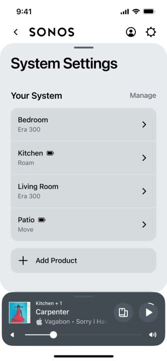 Sonos new app: system settings.