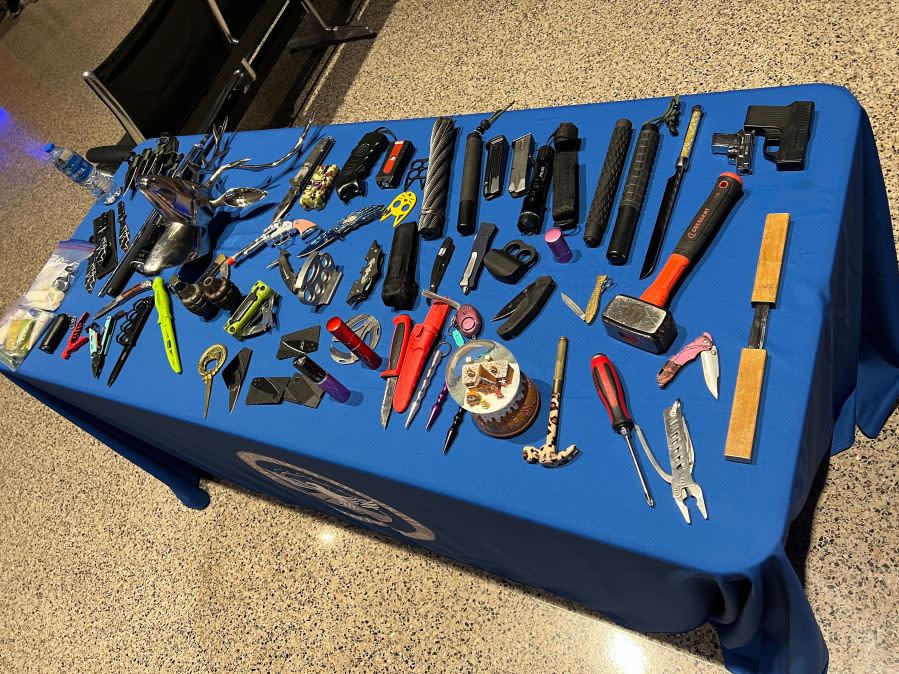 Items surrendered to TSA at AUS. Dec. 18, 2023 (KXAN Photo/Todd Bailey)