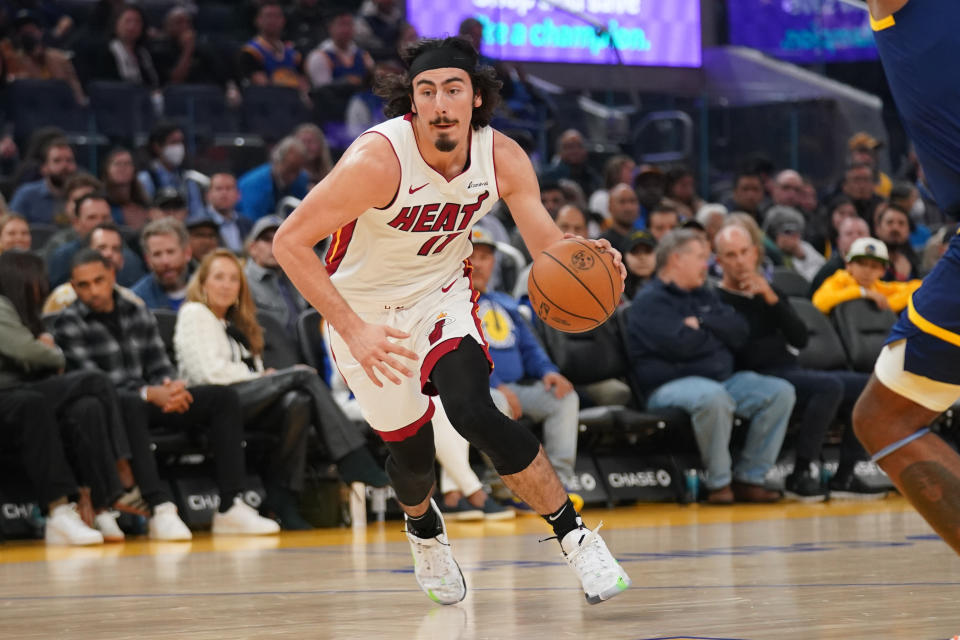 Miami Heat rookie Jaime Jaquez Jr. has made an instant impact in the NBA after playing four years in college at UCLA. (Cary Edmondson/USA TODAY Sports)