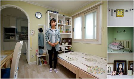 A combination picture shows Kim Yu-jeong, mother of Jeon Ha-yeong, a high school student who died in the Sewol ferry disaster, as she poses for a photograph in her daughter's room, as well as details of objects, in Ansan April 7, 2015. REUTERS/Kim Hong-Ji