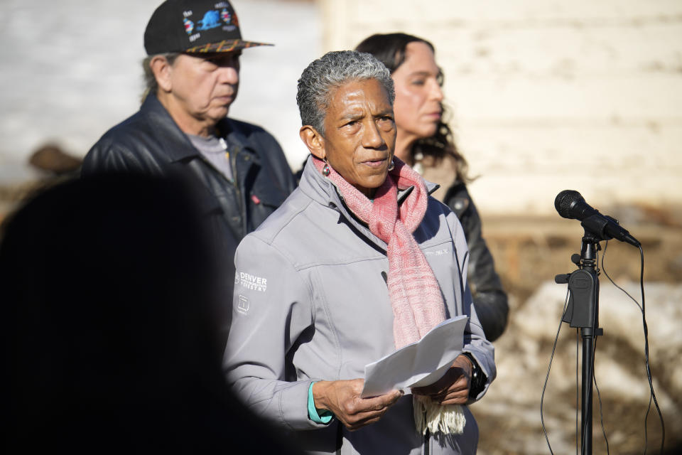 Happy Haynes, executive director of Denver Parks and Recreation, speaks as city officials and other partners were on hand to watch the transfer of 35 Denver Mountain Park bison to representatives of four Native American tribes and one memorial council as they reintroduce the animals to tribal lands Wednesday, March 15, 2023, near Golden, Colo. (AP Photo/David Zalubowski)