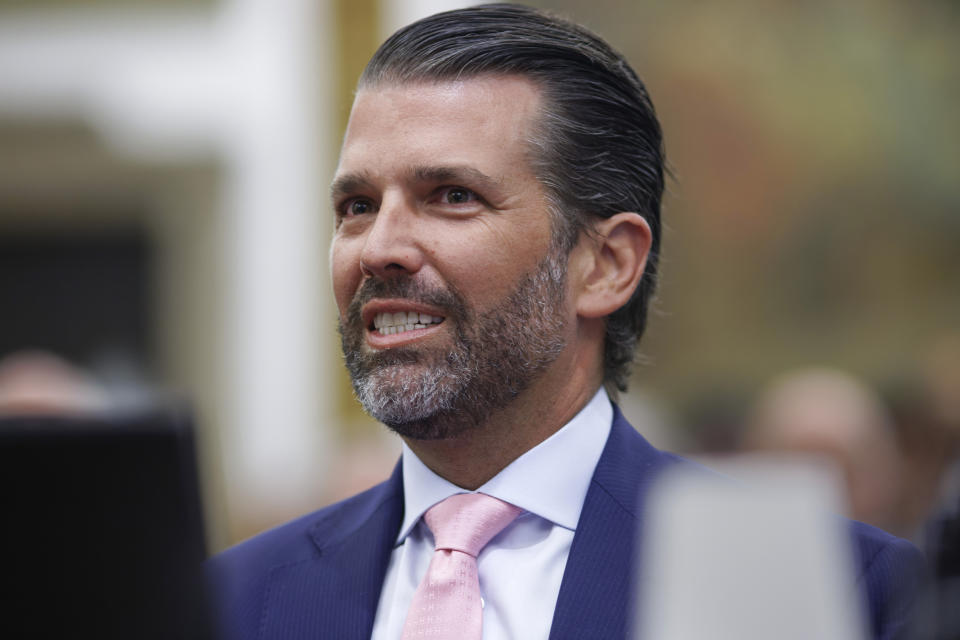 Donald Trump Jr. participates in the civil business fraud trial against his father, former President Donald Trump, in New York Supreme Court, Wednesday, Nov. 1, 2023, in New York. (Alec Tabek/Pool Phto via AP)