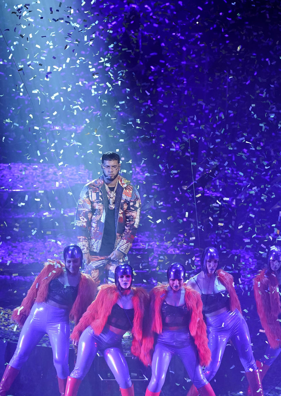 Anuel AA performs for the 21st Latin Grammy Awards, airing on Thursday, Nov. 19, 2020, at American Airlines Arena in Miami. (AP Photo/Marta Lavandier)