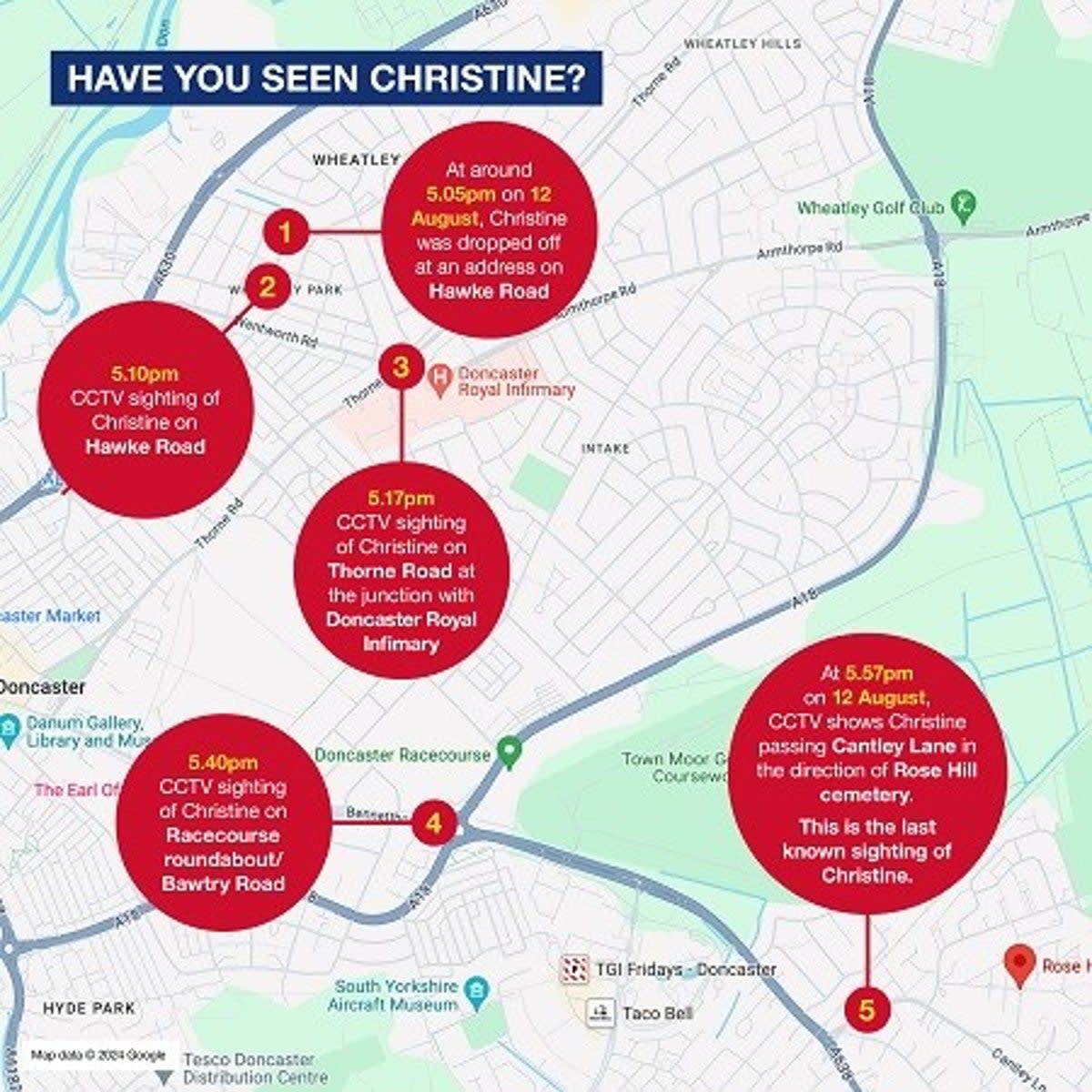 A map issued by police showed Ms Stenson’s final movements (South Yorkshire Police)