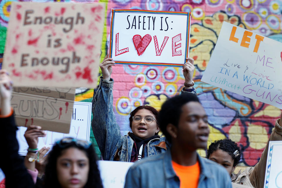 <p>Youths take part in a National School Walkout anti-gun march in New York City, April 20, 2018. (Photo: Brendan McDermid/Reuters) </p>