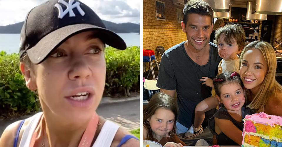 L: The Block star Rachel Carr takes a selfie. R: The Block's Rachel and Ryan with their children