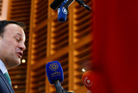 Ireland's Prime Minister (Taoiseach) Leo Varadkar talks to the media as he arrives at an extraordinary European Union leaders summit to discuss Brexit, in Brussels, Belgium April 10, 2019. REUTERS/Eva Plevier