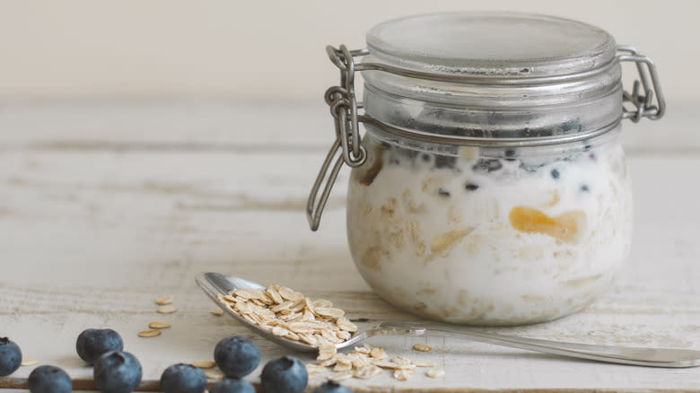 overnight oats soaking in covered jar