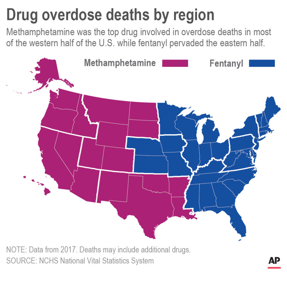 Map shows meth and fentanyl drug overdose deaths by region in 2017; 2c x 3 1/2 inches; 96.3 mm x 88 mm;