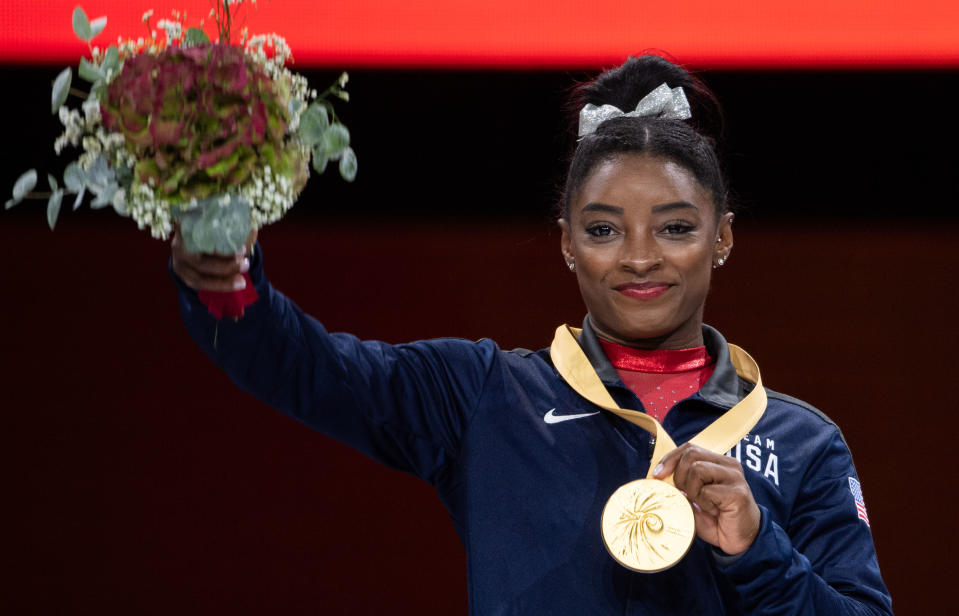 Simone Biles continued to make history at the World Championships on Saturday. (Getty Images)