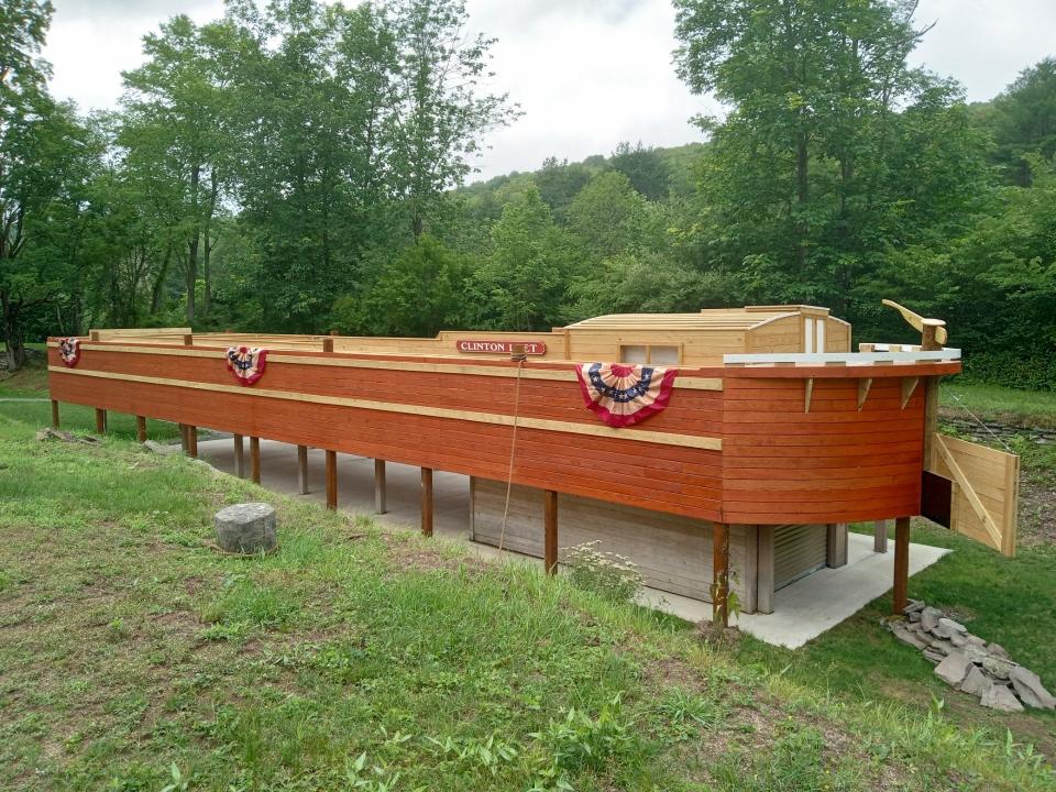 The newly completed, full-scale canal boat replica at D&H Canal Park at Lock 31, is tied to a stone snubbing post alongside the 19th-century canal. The replica is named the "Clinton Leet." The park is owned and operated by Wayne County Historical Society in Honesdale. The 10th annual Canal Festival is planned here, Saturday, August 19, 2023.