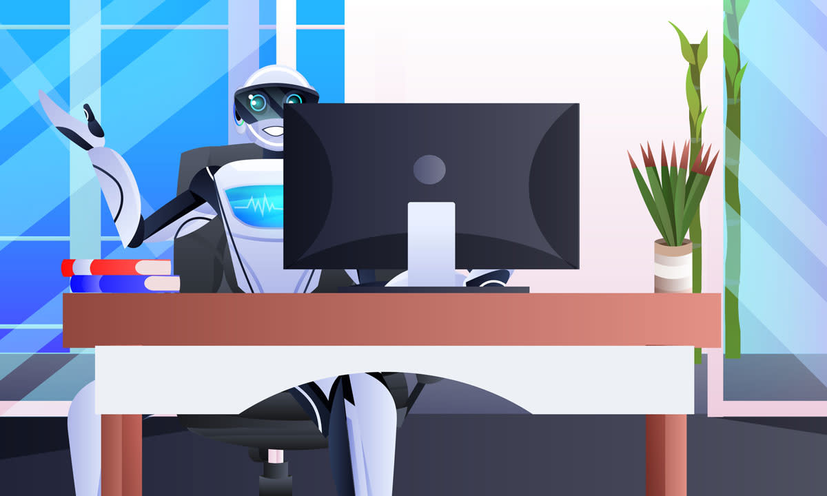 This is a graphic of a robot sitting at a computer desk.