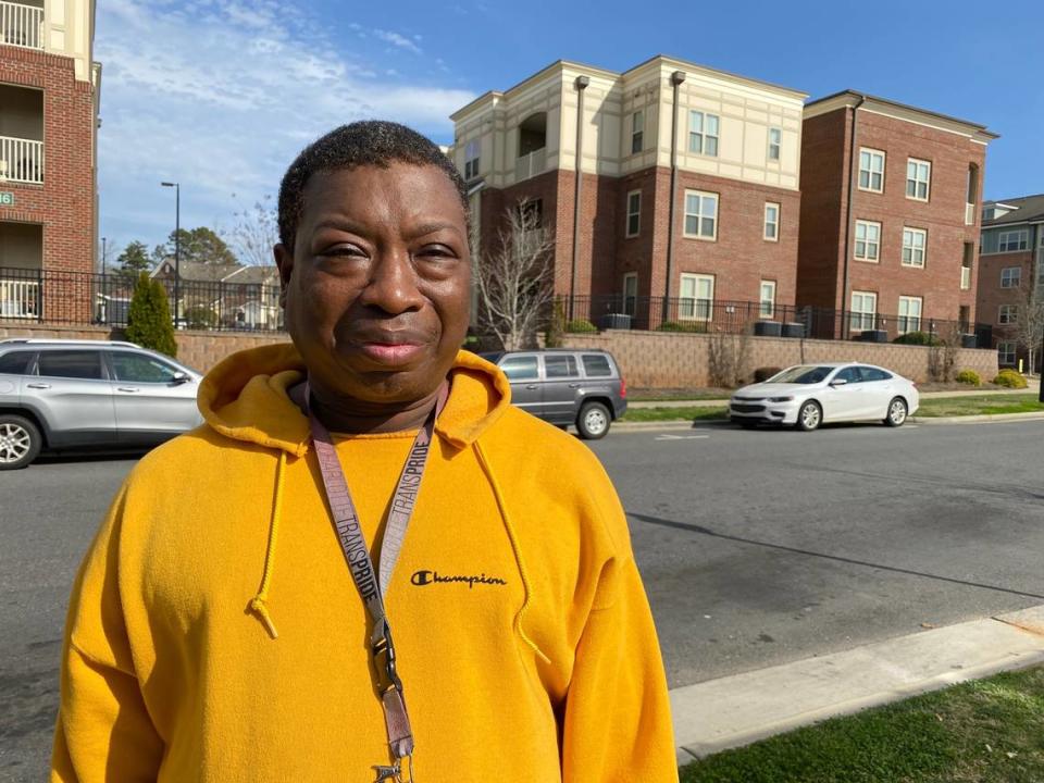 Gabby Riley, former president of the Boulevard Homes residents’ association, now lives in Renaissance West. She stands near where her old public housing apartment was.