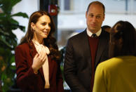 Britain's Prince William and Kate, Princess of Wales speak with startup companies that work at Greentown Labs as they tour the location for a view of green technologies developed in Somerville, Mass. Thursday, Dec. 1 2022. The Prince and Princess of Wales will attend the Earthshot Prize Awards Ceremony in Boston on Friday, according to the Royal Household. (CJ Gunter Pool Photo via AP)