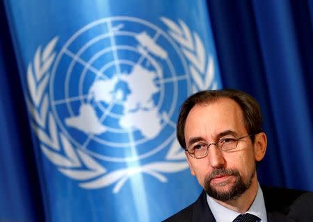 FILE PHOTO: United Nations High Commissioner for Human Rights Zeid Ra'ad Al Hussein attends a media briefing at the U.N. European headquarters in Geneva, Switzerland October 12, 2016. REUTERS/Denis Balibouse/File Photo