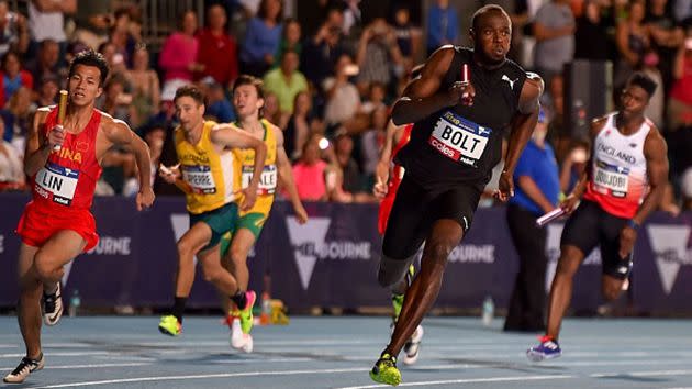 The botched baton change. Image: Getty