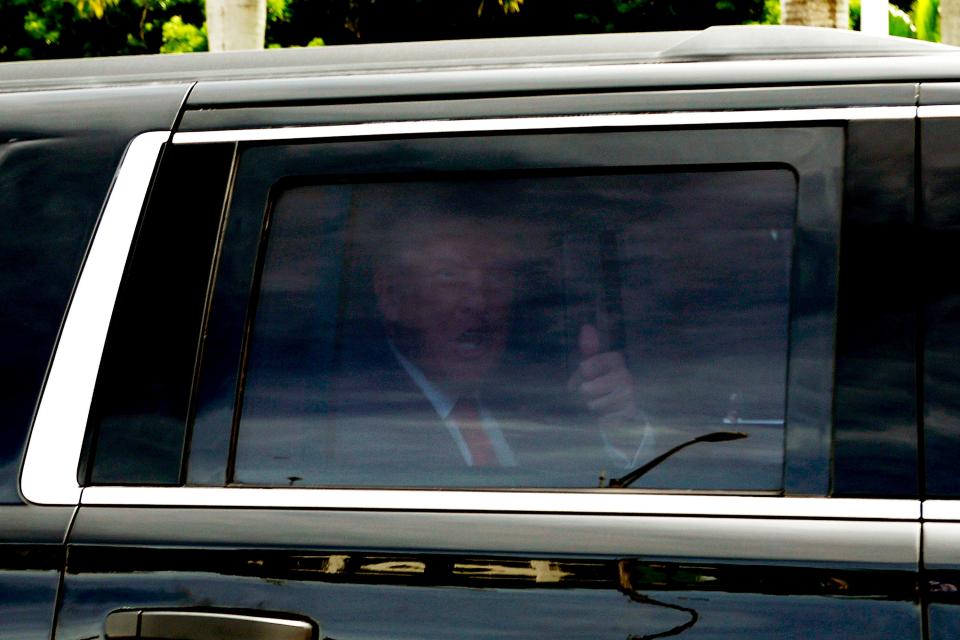 Republican presidential candidate former U.S. President Donald Trump arrives with his motorcade to Trump National Doral Miami resort on June 12, 2023 in Doral, Florida. Trump is scheduled to appear Tuesday in federal court for his arraignment on charges including possession of national security documents after leaving office, obstruction, and making false statements.