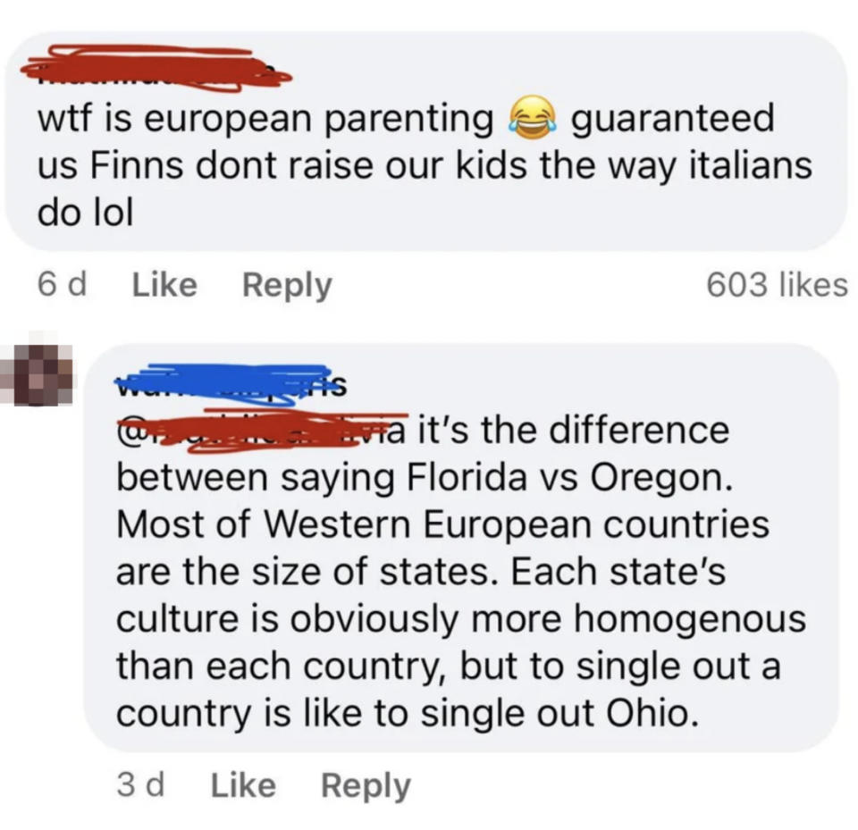 person says european parenting isn't a thing because countries raise kids different ways, and another replies country differences are similar to differences between us states