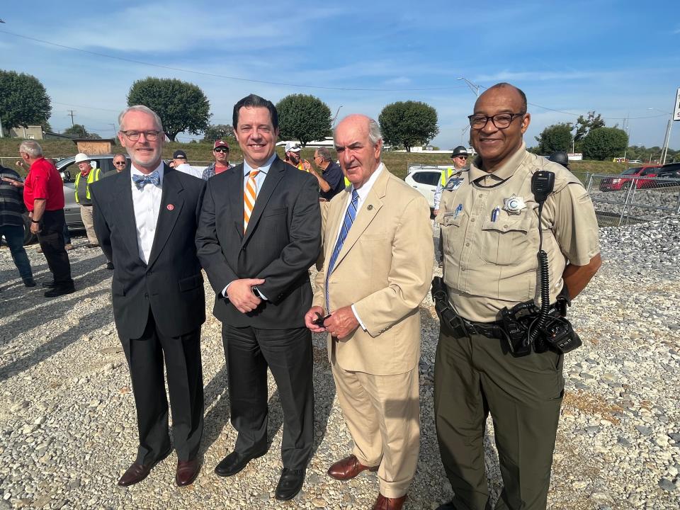 Public Defender Travis B. Jones, Juvenile Court Judge Douglas Chapman, General Sessions Judge Bobby Sands and William Carter, transport officer, will enjoy the new facility once it's completed. They gathered to watch the installation of the top beam at the Maury County Judicial Center topping off ceremony on South Main Street on Sept. 19, 2023 in Columbia, Tenn.