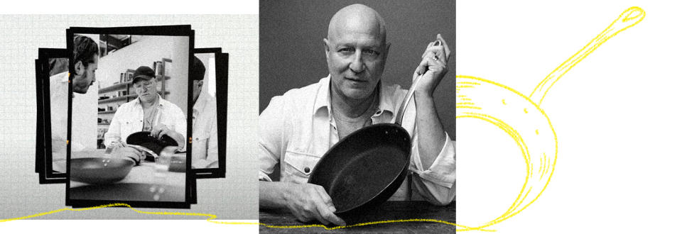Photo collage of images featuring 'Top Chef' Tom Collichio, with an illustration of a pan.