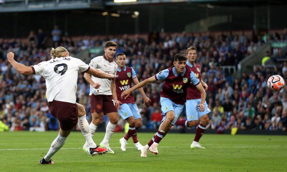 Erling Haaland scores his second goal against Burnley