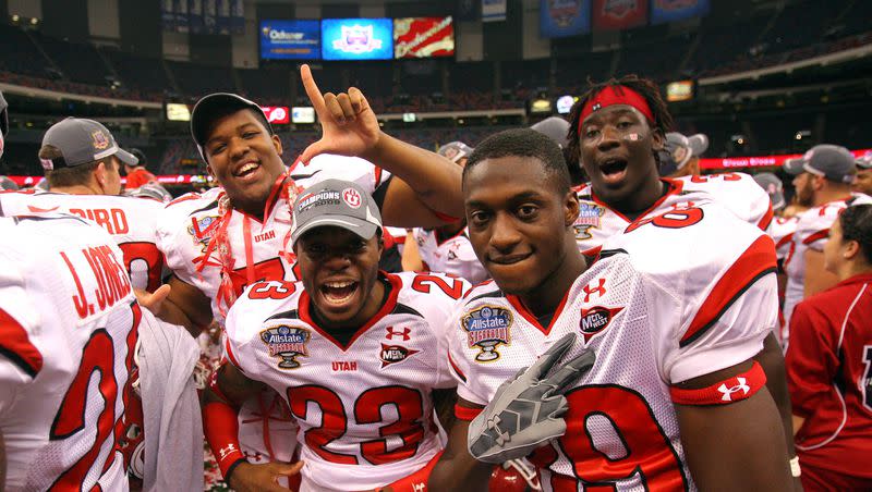 The Utah Utes celebrate after beating Alabama to win the 2009 Sugar Bowl, at the Superdome, in New Orleans, Friday Jan. 2, 2009. The 2008 Utah football team is among the new inductees of the University of Utah Athletics Hall of Fame, which was announced Thursday.