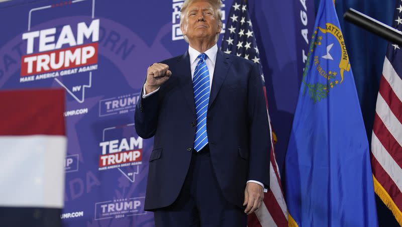 Republican presidential candidate former President Donald Trump gestures at a campaign event Jan. 27, 2024, in Las Vegas. Trump is expected to sweep Nevada’s Republican caucuses on Thursday, which would give him a third straight win in the presidential primary and deliver more delegates he needs to clinch the nomination.