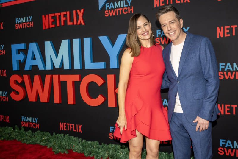 Jennifer Garner (L) and Ed Helms attend the Los Angeles premiere of "Family Switch" on Thursday. Photo by Alex Gallardo/UPI