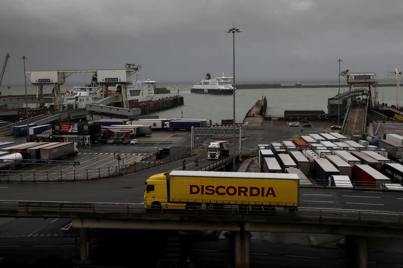 FILE PHOTO: Freight trucks move through the terminal at the Port of Dover