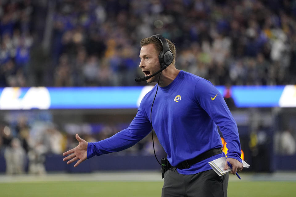 Los Angeles Rams head coach Sean McVay celebrates after a touchdown run by running back Cam Akers during the second half of an NFL football game against the Seattle Seahawks Sunday, Dec. 4, 2022, in Inglewood, Calif. (AP Photo/Mark J. Terrill)