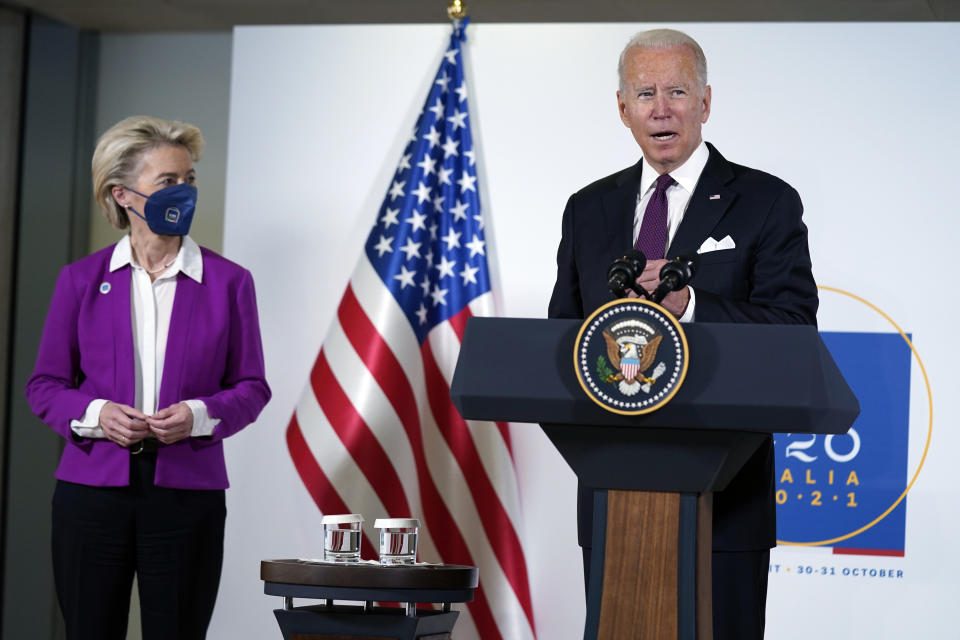 President Joe Biden and European Commission president Ursula von der Leyen talk to reporters about pausing the trade war over steel and aluminum tariffs during the G20 leaders summit, Sunday, Oct. 31, 2021, in Rome. (AP Photo/Evan Vucci)