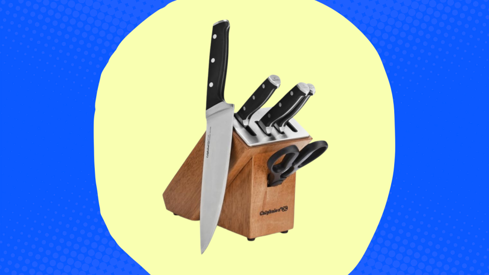 The Calphalon knife set on a yellow and blue background