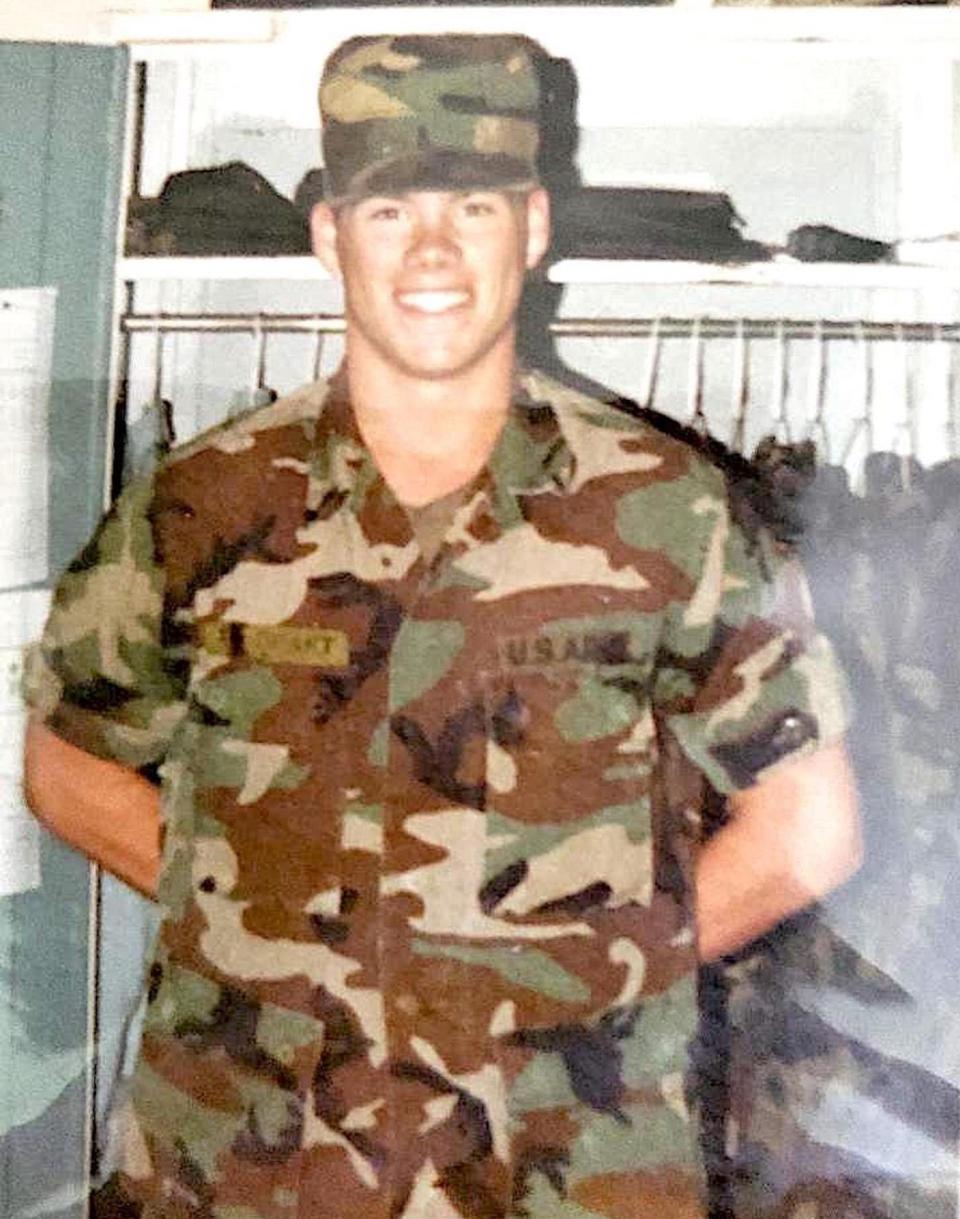 Brian Goodhart stands in front of his locker after completing Combat Medic Training at Fort Sam Houston, Texas in August 1988.