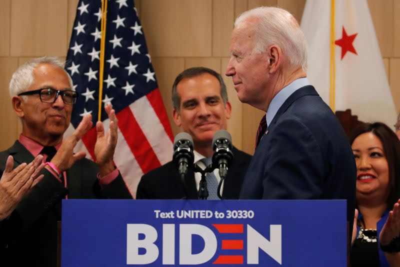 Democratic U.S. presidential candidate and former Vice President Joe Biden reacts during a campaign stop in Los Angeles