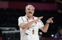 Italy head coach Meo Sacchetti gestures during men's basketball preliminary round game against Germany at the 2020 Summer Olympics, Sunday, July 25, 2021, in Saitama, Japan. (AP Photo/Charlie Neibergall)