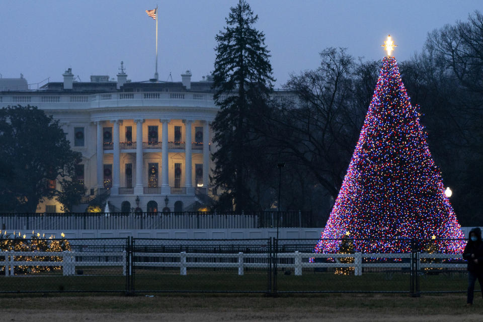 The National Christmas Tree glows with lights on the Ellipse near the White House, Thursday, Dec. 24, 2020, on Christmas Eve in Washington. (AP Photo/Jacquelyn Martin)