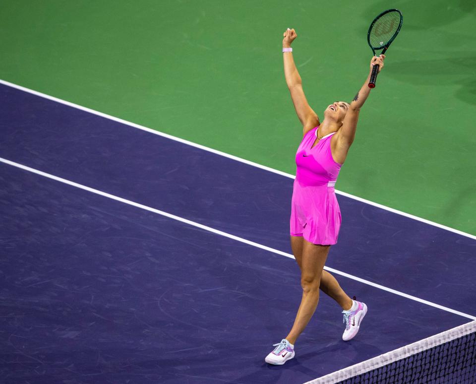 Aryna Sabalenka celebrates winning a thriller of a third set tiebreaker against Peyton Stearns to take their second-round match of the BNP Paribas Open in Indian Wells, Calif., Saturday, March 9, 2024.