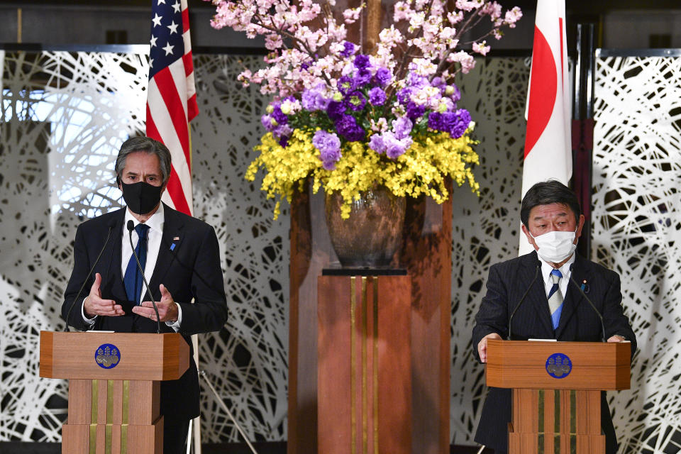 TOKYO, JAPAN - MARCH 16 : US Secretary of State Antony Blinken (L) and Japan's Foreign Minister Toshimitsu Motegi attend a press conference after their 2+2 meeting at Iikura Guest House in Tokyo on March 16, 2021. (Photo by AFP/KAZUHIRO NOGI/Pool/Anadolu Agency via Getty Images)